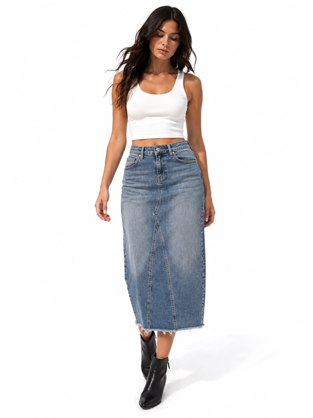 Earl Jeans Blue Denim Midi Skirt Raw Hem Size L Y2K